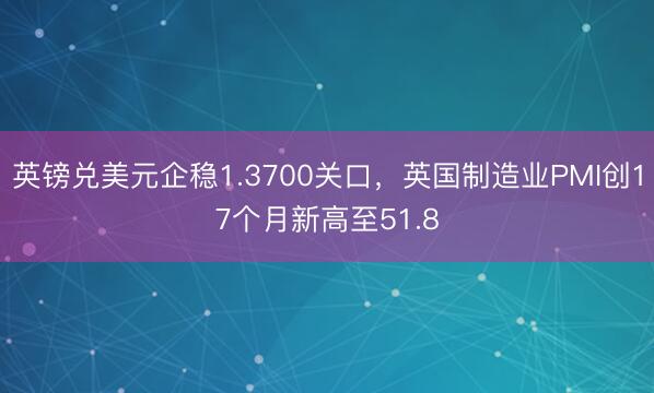 英镑兑美元企稳1.3700关口，英国制造业PMI创17个月新高至51.8
